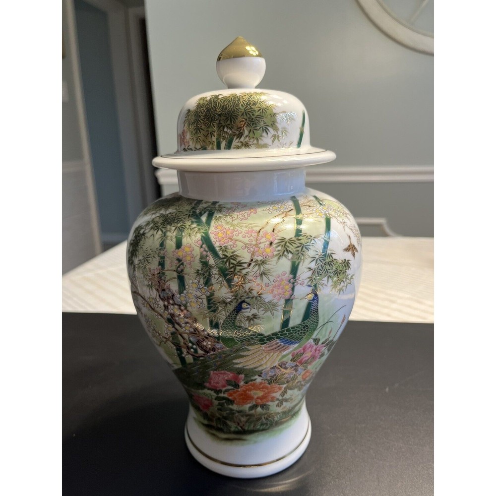Vintage Otigiri OMC Japan Ceramic Floral Peacock Bird Ginger Jar w Lid